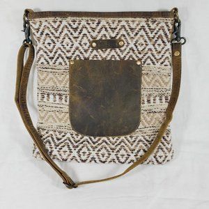 Myra Sand Weaver Upcycled Rug Canvas Leather Crossbody Bag